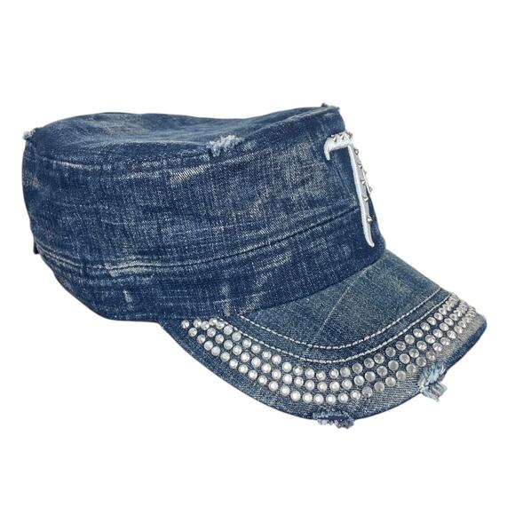 Y2K Texas Jeweled Distressed Denim Army Hat Blue Cotton Cap Adjustable Ones Size - Picture 6 of 9